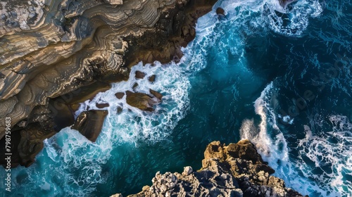 Aerial view of ocean waves colliding with a rocky shore background