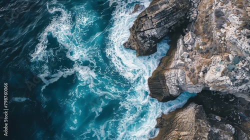 Aerial view of ocean waves colliding with a rocky shore background