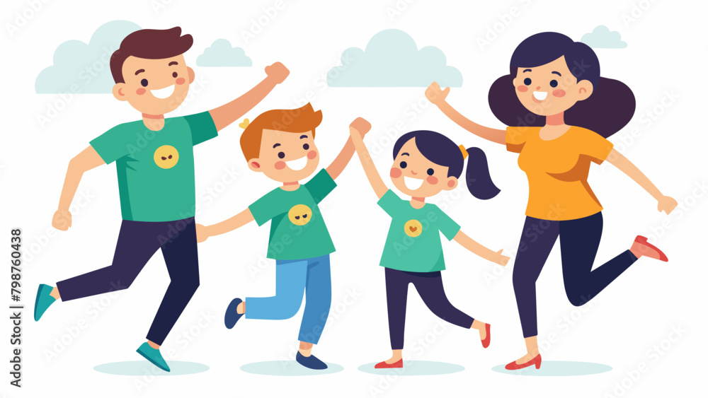 A group of young siblings joyfully holding hands and twirling in unison with their parents all wearing matching family dance day tshirts. A group of young siblings joyfully holding hands and twirling in unison with their parents all wearing matching family dance day tshirts.