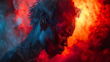 Portrait of a Determined Athlete Covered in Sweat with Dramatic Red and Blue Smoke. Generated by AI