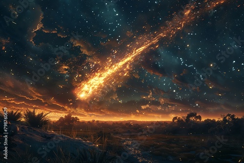 An otherworldly depiction of a blazing fireball against a dark, starry sky, casting a warm glow across the landscape photo