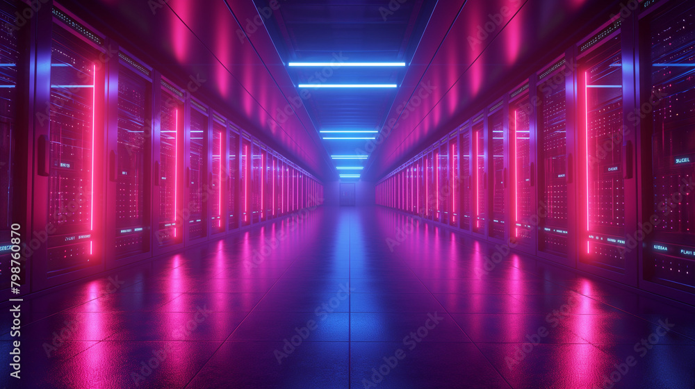 server room 3d illustration with node base programming data design element.concept of big data storage and cloud computing technology.