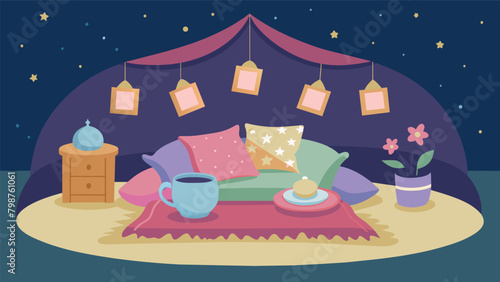 A corner of the tea party designated as a cozy reading nook complete with plush pillows and blankets for the children to curl up and read their