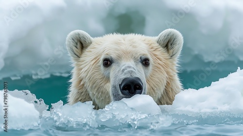 Curious Arctic bear poking its head out from a hole in the ice  looking surprised and amused