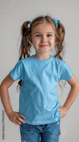 Little girl wearing blue blank green t shirt mockup for print image portrait isolated