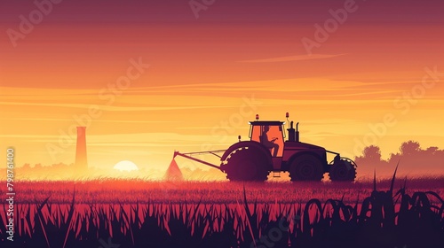an irrigation tractor is driven while spraying or harvesting an agricultural crop at dusk.