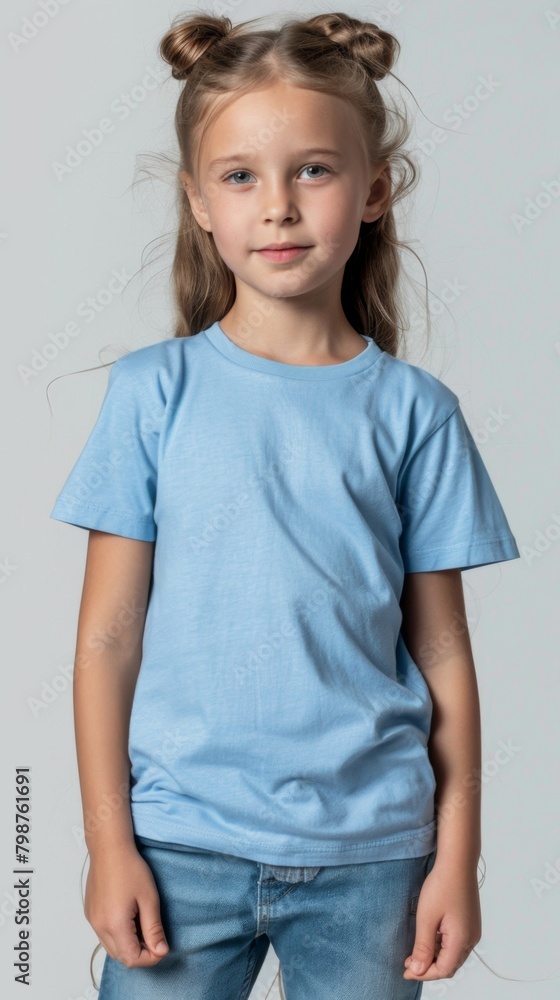 Little girl wearing blue blank green t shirt mockup for print image portrait isolated Little girl wearing blue blank green t shirt mockup for print image portrait isolated