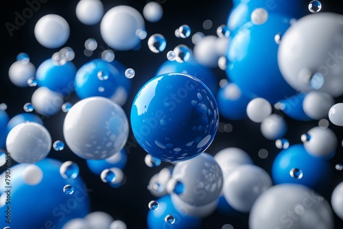 3D rendering of a blue and white abstract background with spheres of various sizes. The spheres are glossy and have a reflective surface.