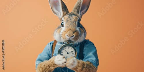 Anthropomorphic rabbit in a blue shirt holding alarm clock isolated on soft orange background.