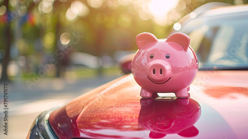 Piggy bank on the background of a car. Selective focus. © yanadjan
