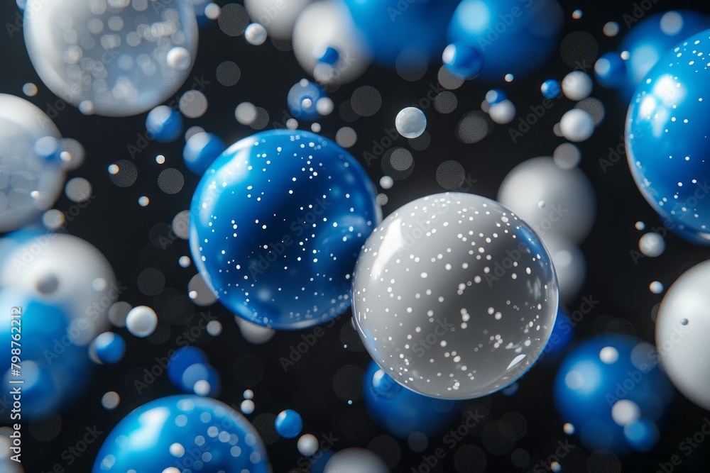 3D rendering of a blue and white abstract background with spheres of ...
