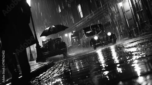 Noir movie  night city street under the rain