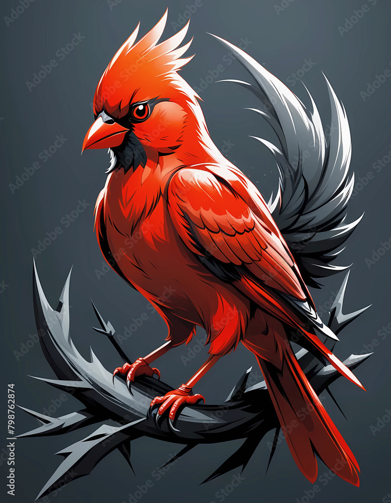 Stylized drawing of a red bird on a branch - obrazy, fototapety, plakaty 