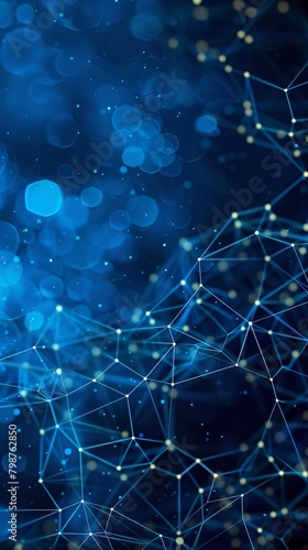 Abstract geometric blue background frame with a chaotic vector texture of hexagons, particles, and fragments, resembling a cell information grid for business, technology, and medical presentations.