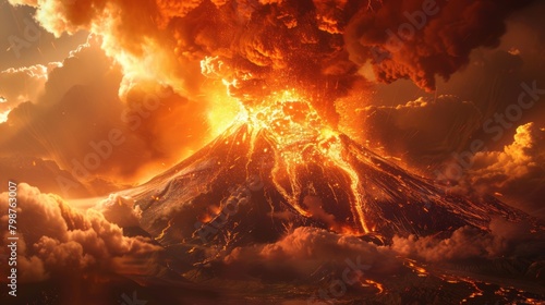 Volcano eruption spiting molten lava and ash clouds over a mountain, photo collage. photo