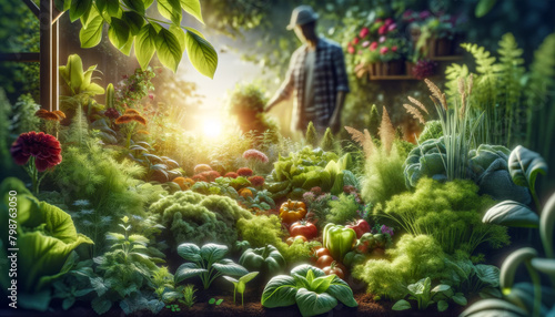 Closeup shot of a flourishing sustainable garden, vaguely seen human form in a soft blur behind. AI generated.