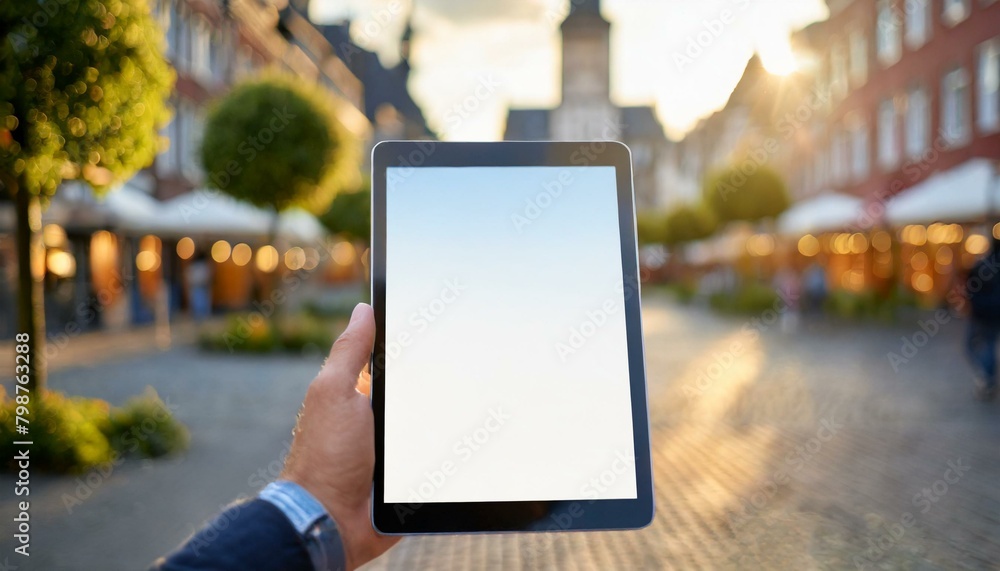 Tablet held by Man in Outside in the City - Mockup for Application or Web Design - Template for Presentation of Graphic Design - Corporate Representation at Consumers