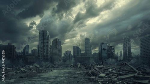 Fototapeta Naklejka Na Ścianę i Meble -  Devastated city skyline against a backdrop of ominous clouds