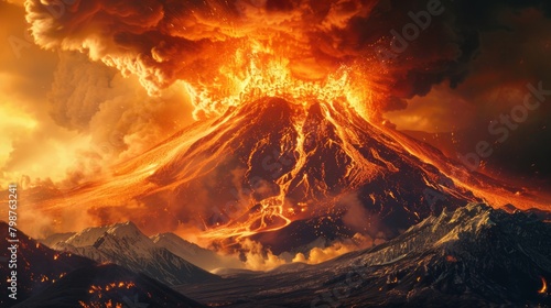 Volcano eruption spiting molten lava and ash clouds over a mountain, photo collage. photo