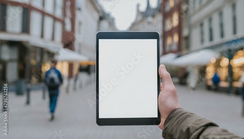 Tablet held by Man in Outside in the City - Mockup for Application or Web Design - Template for Presentation of Graphic Design - Corporate Representation at Consumers