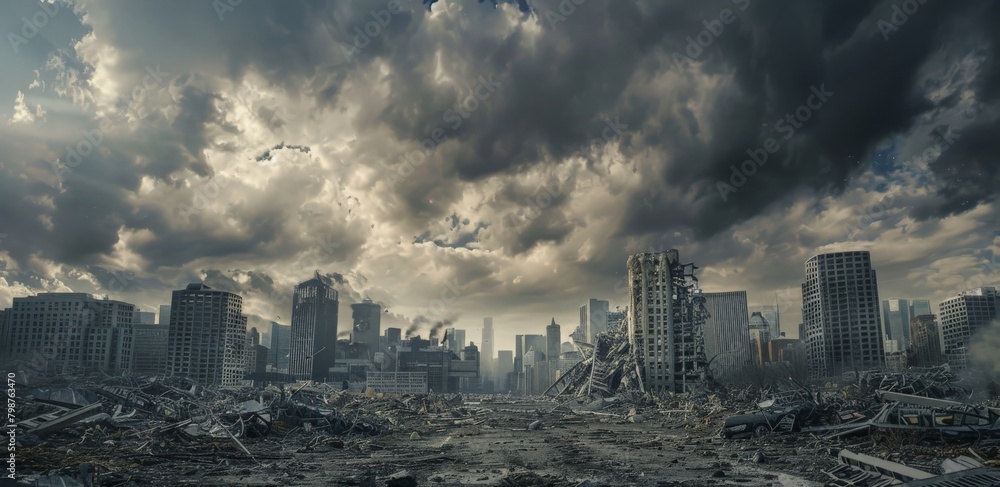 Devastated city skyline against a backdrop of ominous clouds