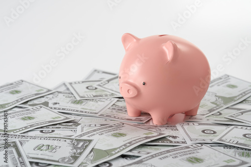 ピンクの豚の貯金箱とお金　白背景