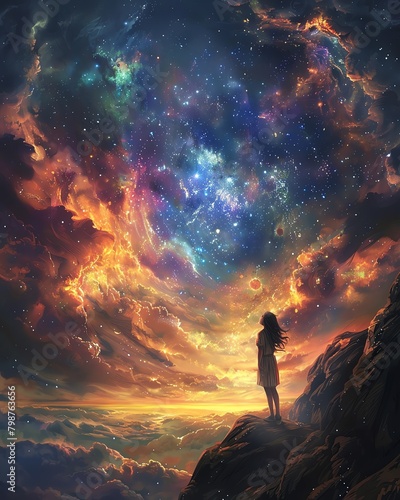 Young girl gazing up at the vast expanse of the cosmos