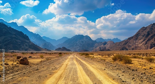 Mountains Road. Arabian Landscape of Dubai's Hajar Mountains under Bright Blue Sky photo