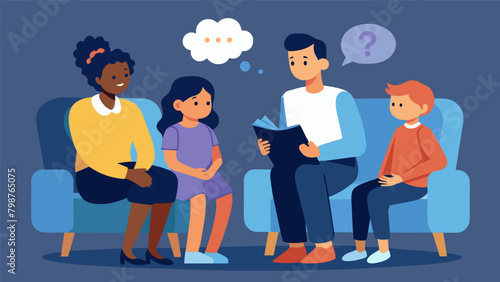 At a family therapy session a child with dissociative identity disorder shares their thoughts and feelings about their diagnosis and their family. Vector illustration