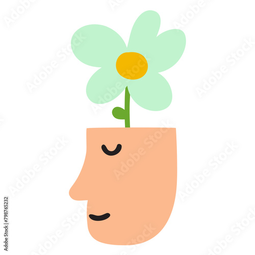 Mental health concept. Self care. Positive thoughts blooming in head. Isolated icon. Illustration on white background.