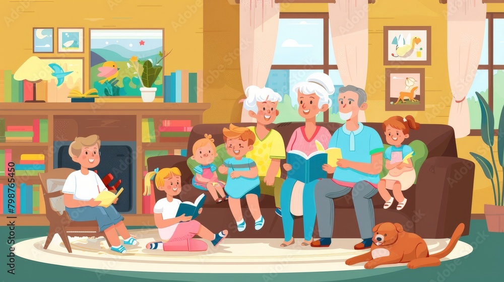 Elderly couple reading fairy tales to a group of children in a cozy living room Elderly couple reading fairy tales to a group of children in a cozy living room