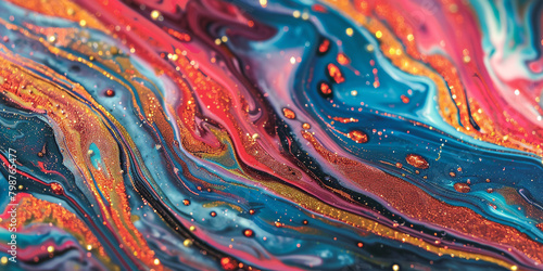 Radiant platinum marble ink cascading elegantly through a vibrant abstract backdrop, gleaming with radiant glitters.