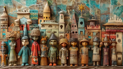 A bas-relief of a cityscape with people wearing traditional clothes from different cultures.