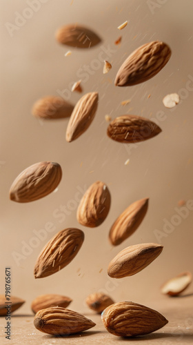 Almonds captured floating in mid-air, elegantly displayed in a food photography style against a soft beige studio backdrop, emphasizing the natural texture and wholesome quality of the nuts. 