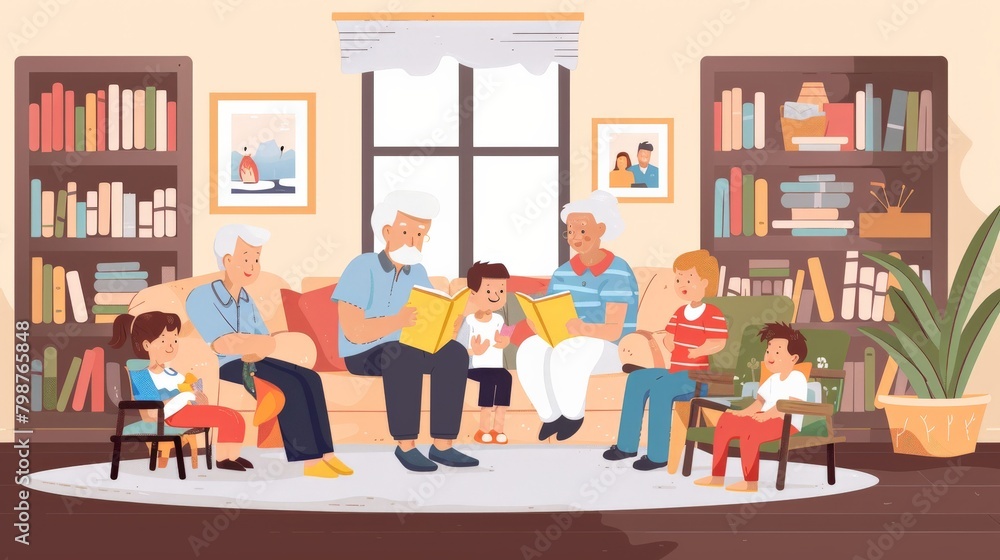 Elderly couple reading fairy tales to a group of children in a cozy living room