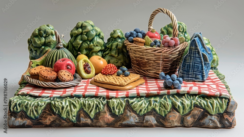 A ceramic sculpture of a picnic with a basket of fruit, a checked tablecloth, and a blue cooler.