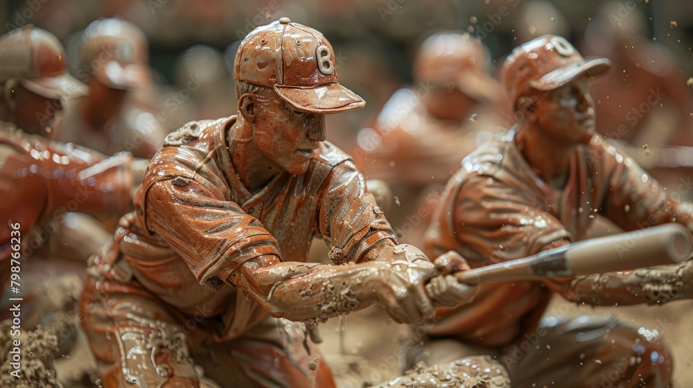 A close up of a baseball batter made of mud, swinging his bat.