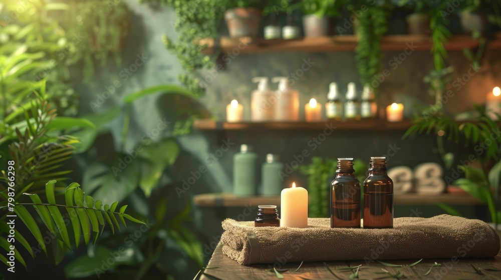 A close-up image of a lit candle and essential oil bottles on a wooden table against the background of blurred shelves with spa products and green leaves A close-up image of a lit candle and essential oil bottles on a wooden table against the background of blurred shelves with spa products and green leaves