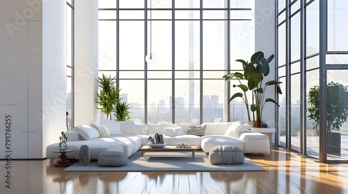 Contemporary bright room interior with empty white mock up banner panoramic windows reflections and daylight spacious in