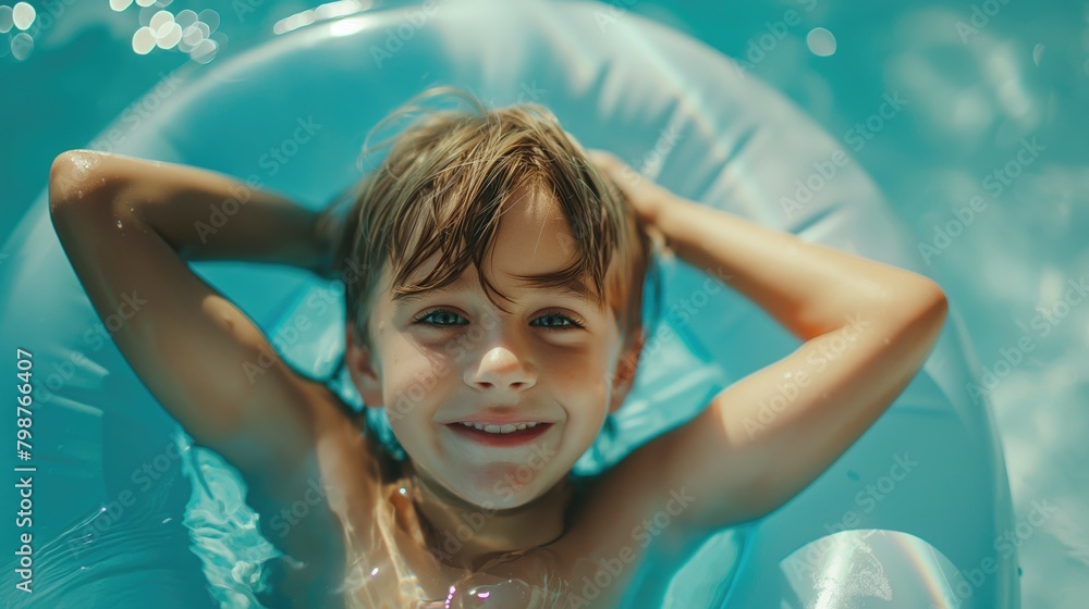 Happy little caucasian child smiling in his floating ring in a pool with blue water during his summer vacation holidays having recreation activity