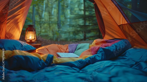 Horizontal AI illustration colorful sleeping bags in tent with lantern. Hobbies and entertainments. © Ametz