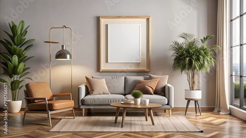 Mockup of a living room with a sofa and a coffee table  suitable for use in interior design or as part of illustration projects.