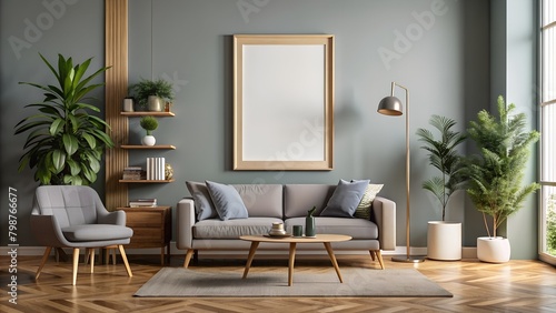 Mockup of a living room with a sofa and a coffee table  suitable for use in interior design or as part of illustration projects.