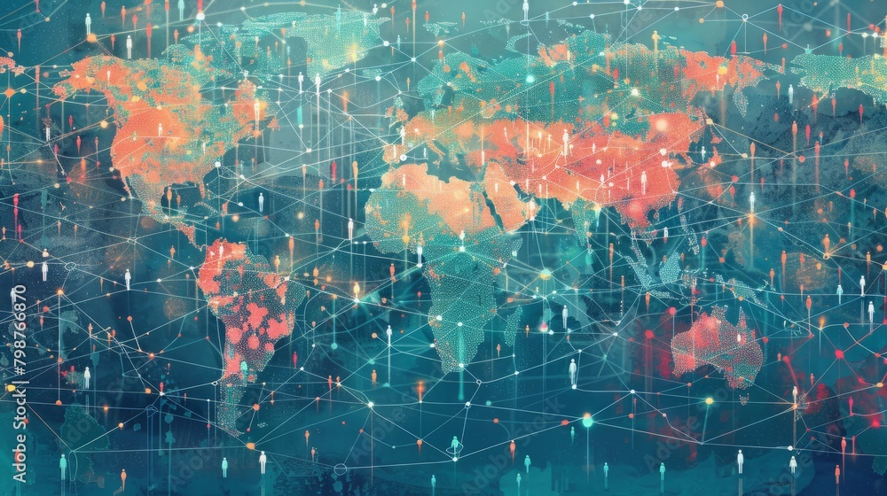 Fototapeta premium A digital painting of the world map with glowing dots representing people and their connections.