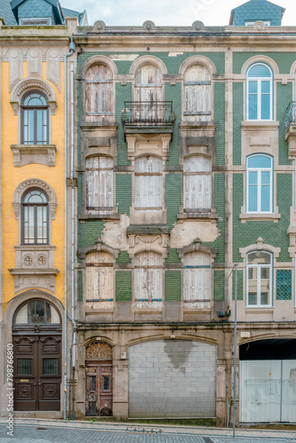 Typical colorful building facade of Porto city center. Traditional urban historic center architecture. Travel and monuments of Portugal. Next to the Douro river.