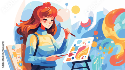 Adorable cute readhead woman painting abstract geom photo