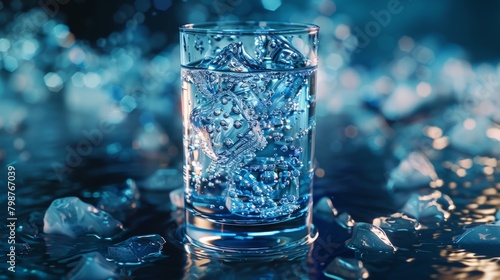 A glass of water with ice on a blue background.