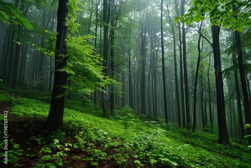 Dense Forest With Tall Trees  Ein von der Sonne durchfluteter Wald.