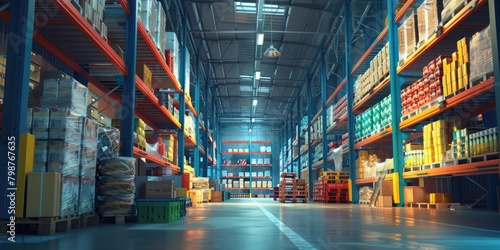 A commercial building with shelves full of boxes in a city warehouse photo