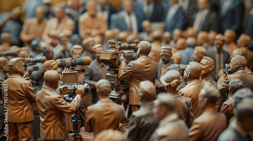 A large group of bronze statues of men in suits, some holding cameras, gathered close together.